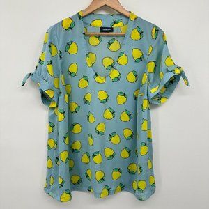 ModCloth 1X Top Shirt Blouse Women Lemon Print Short Sleeve Pullover Blue Yellow